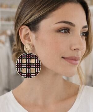 Kay Lee Tan Plaid Beaded Round Earrings New